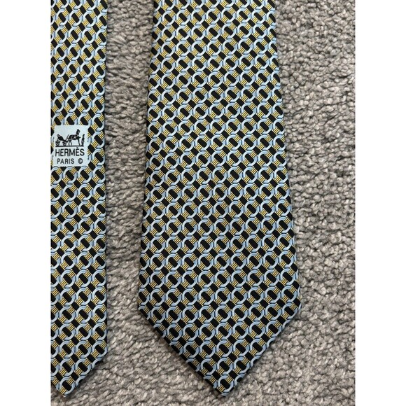 Hermes Silk Tie Yellow Blue Geometric Pattern 7760 - Picture 1 of 5